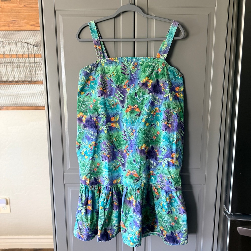 Vintage Whimsy Butterfly Dragonfly Print Drop Waist Sundress, Green Purple,S